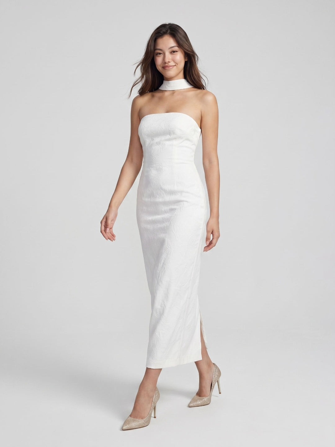 White Stretch Knit Sheath Straight Neck Back Zip Ankle-Length Evening Dress - Curvevia