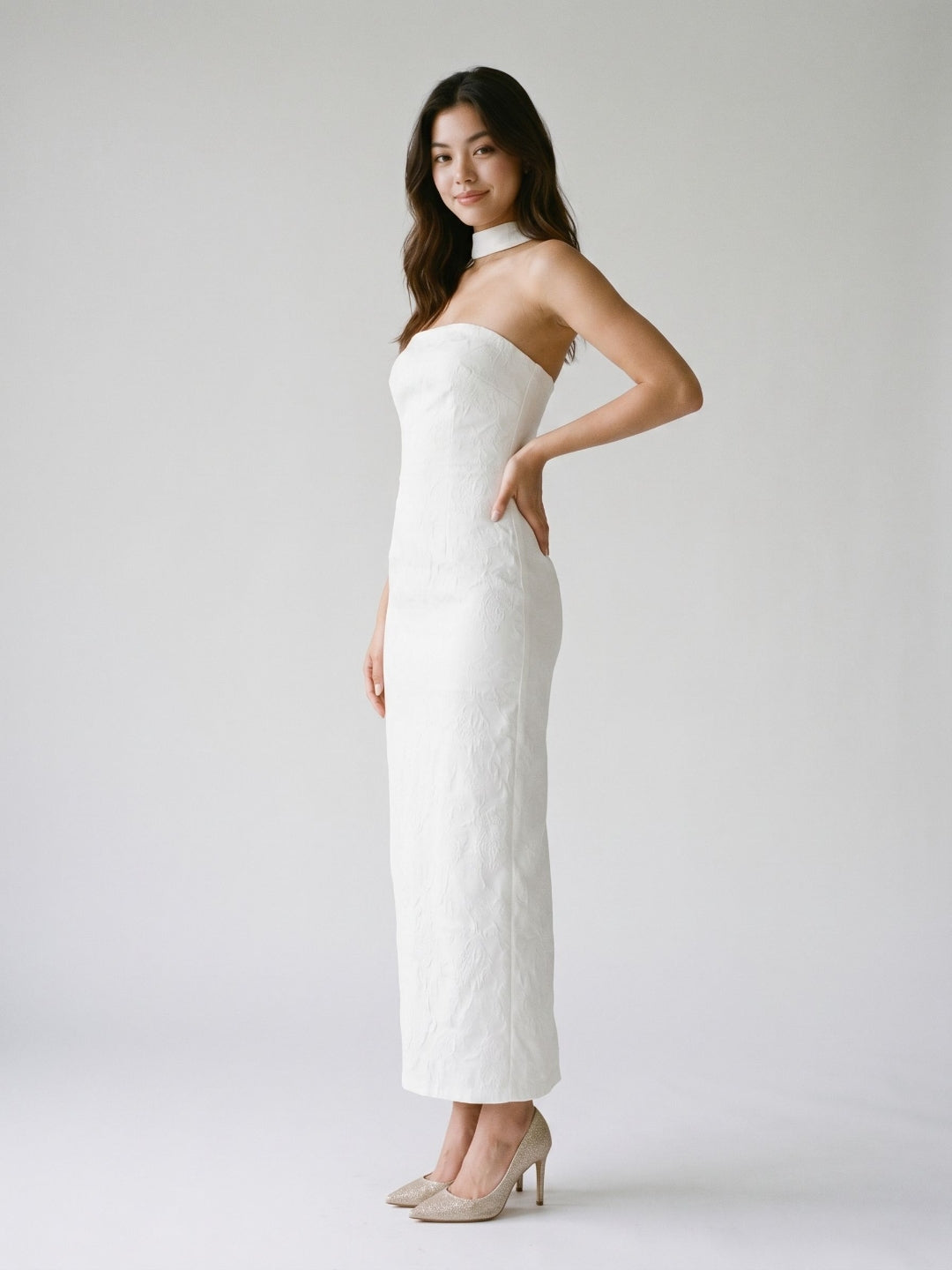White Stretch Knit Sheath Straight Neck Back Zip Ankle-Length Evening Dress - Curvevia