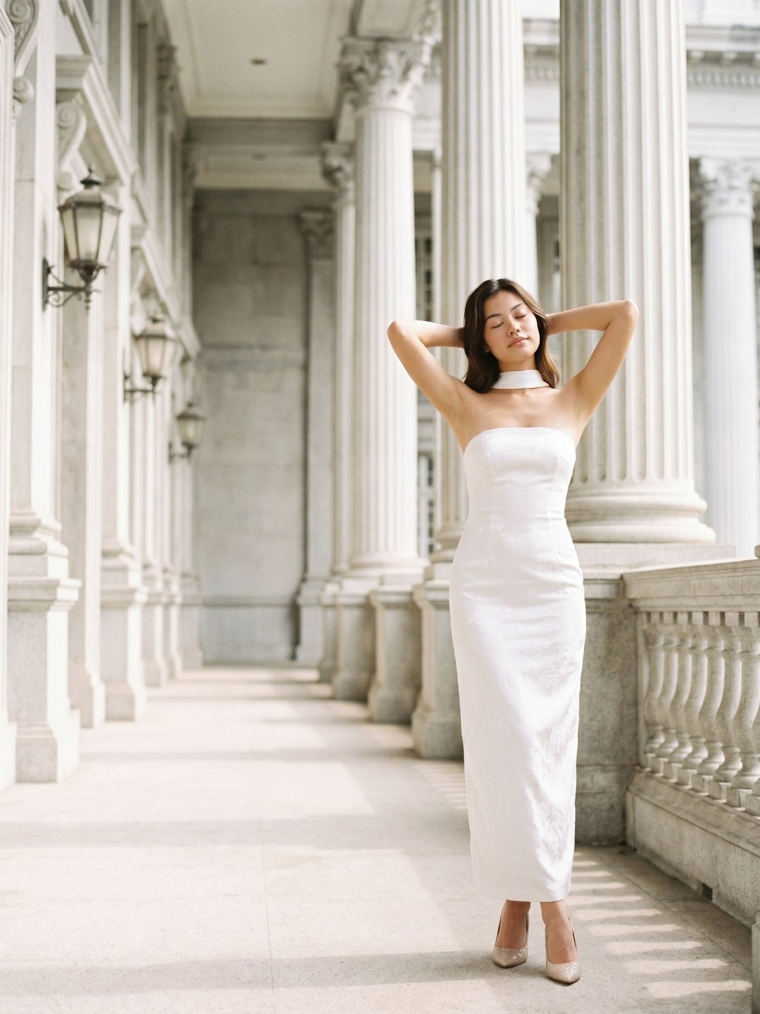 White Stretch Knit Sheath Straight Neck Back Zip Ankle-Length Evening Dress - Curvevia