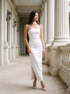 White Stretch Knit Sheath Straight Neck Back Zip Ankle-Length Evening Dress - Curvevia