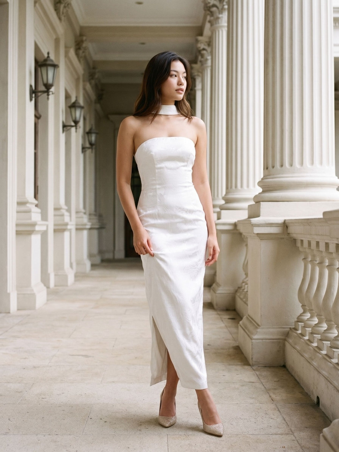 White Stretch Knit Sheath Straight Neck Back Zip Ankle-Length Evening Dress - Curvevia