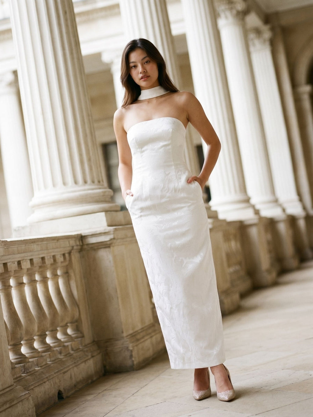 White Stretch Knit Sheath Straight Neck Back Zip Ankle-Length Evening Dress - Curvevia