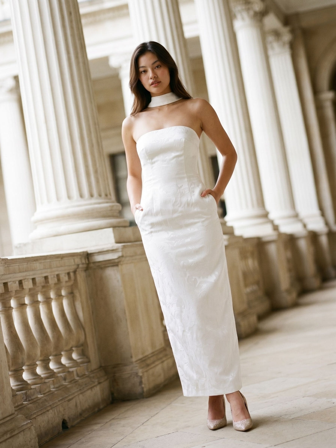 White Stretch Knit Sheath Straight Neck Back Zip Ankle-Length Evening Dress - Curvevia