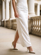 White Stretch Knit Sheath Straight Neck Back Zip Ankle-Length Evening Dress - Curvevia