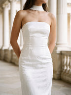 White Stretch Knit Sheath Straight Neck Back Zip Ankle-Length Evening Dress - Curvevia