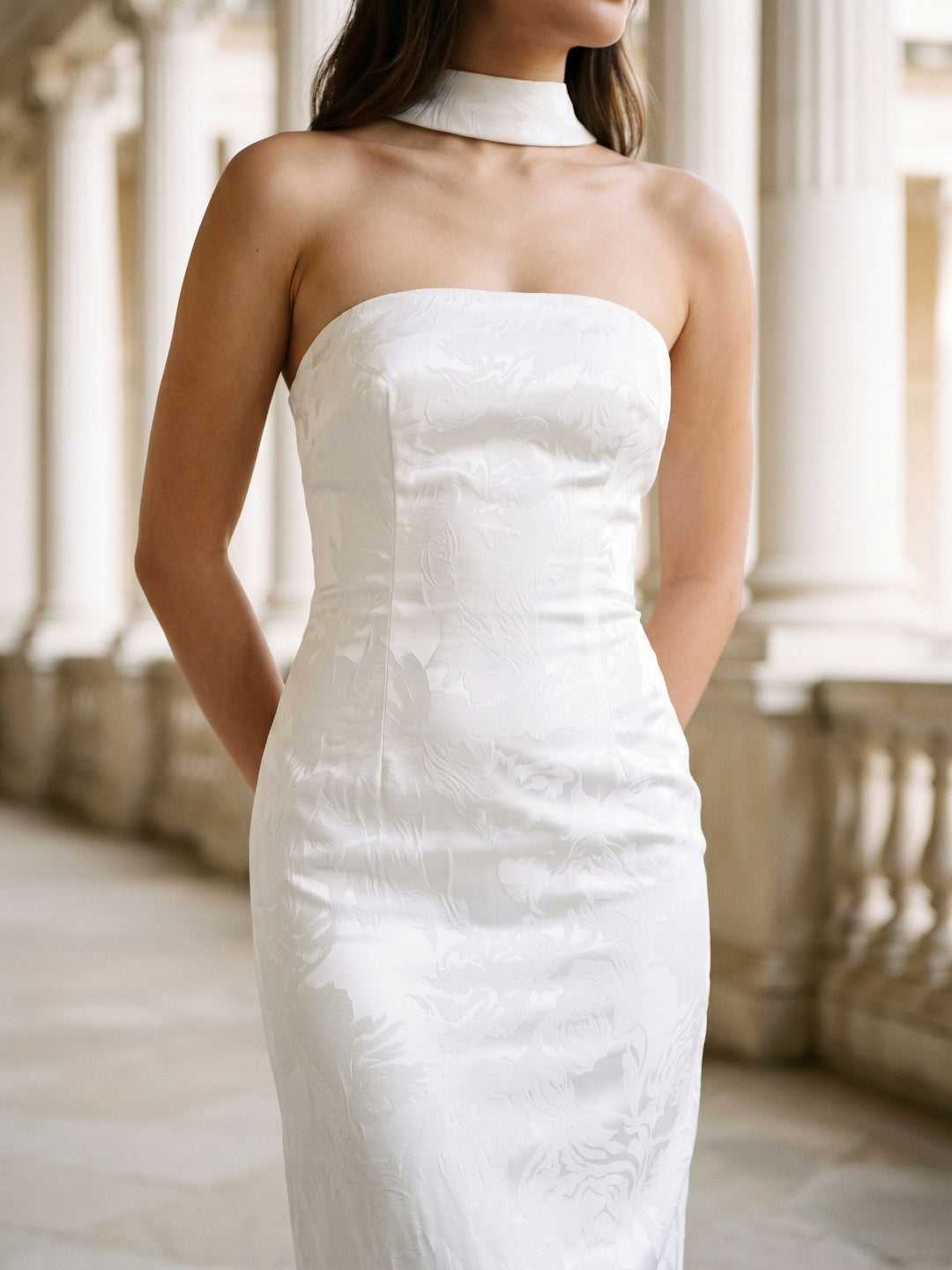 White Stretch Knit Sheath Straight Neck Back Zip Ankle-Length Evening Dress - Curvevia