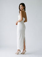 White Stretch Knit Sheath Straight Neck Back Zip Ankle-Length Evening Dress - Curvevia