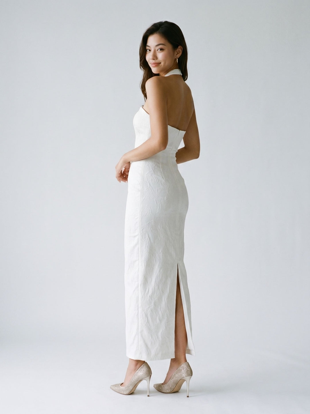 White Stretch Knit Sheath Straight Neck Back Zip Ankle-Length Evening Dress - Curvevia