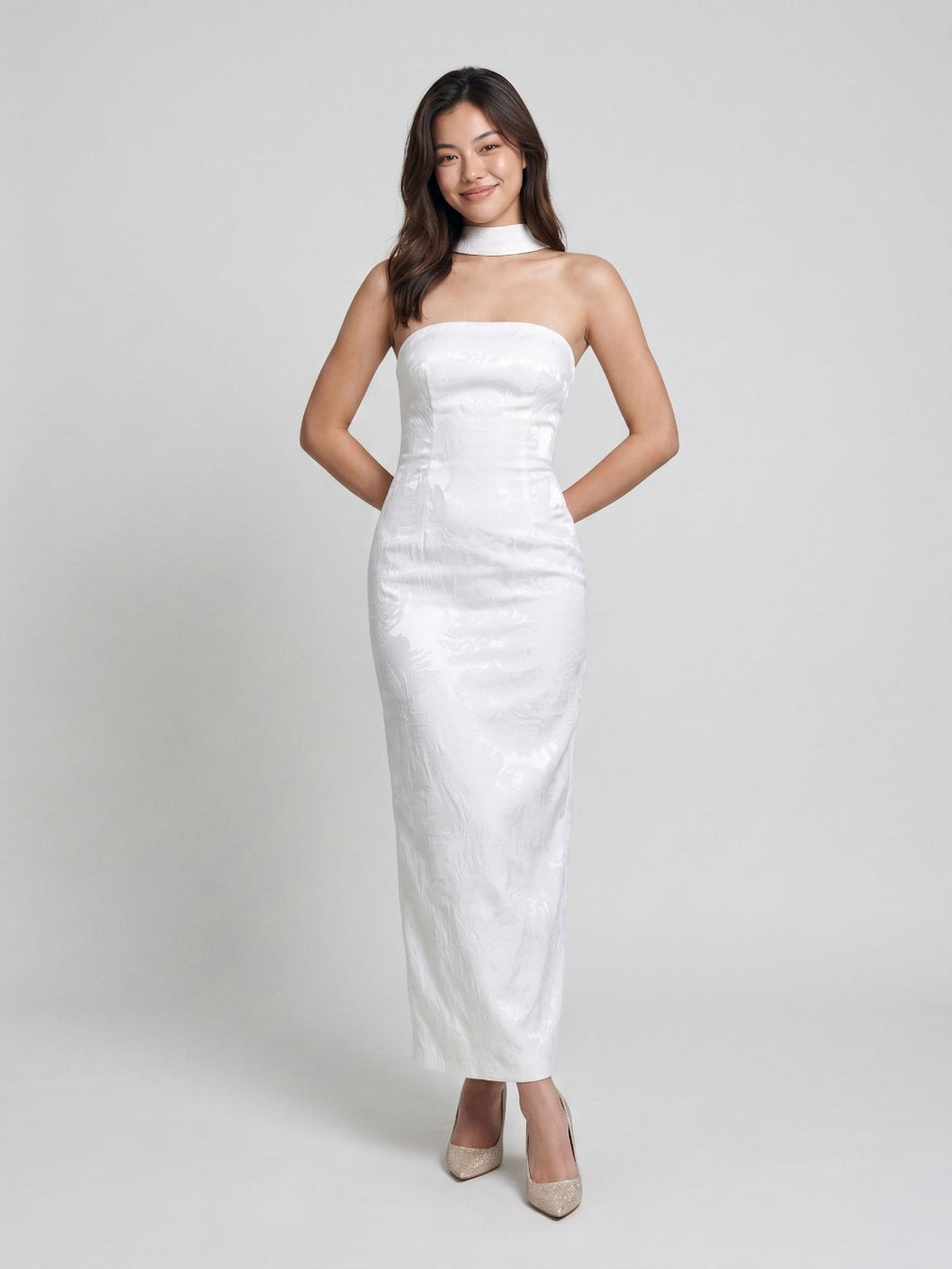 White Stretch Knit Sheath Straight Neck Back Zip Ankle-Length Evening Dress - Curvevia