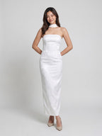 White Stretch Knit Sheath Straight Neck Back Zip Ankle-Length Evening Dress - Curvevia