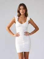 White Stretch Knit Sheath V-Neck Backless Short Homecoming Dress with Pleating - Curvevia