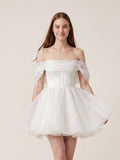 White Tulle A-Line Off-the-Shoulder Corset Back Mini wedding dress - Curvevia