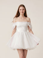 White Tulle A-Line Off-the-Shoulder Corset Back Mini wedding dress - Curvevia