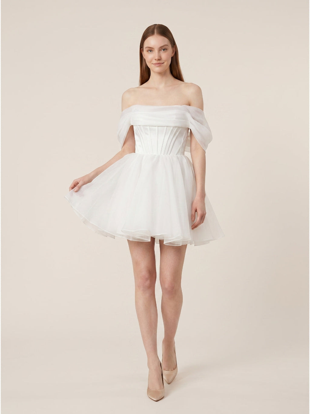 White Tulle A-Line Off-the-Shoulder Corset Back Mini wedding dress - Curvevia