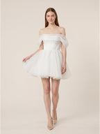 White Tulle A-Line Off-the-Shoulder Corset Back Mini wedding dress - Curvevia