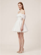 White Tulle A-Line Off-the-Shoulder Corset Back Mini wedding dress - Curvevia