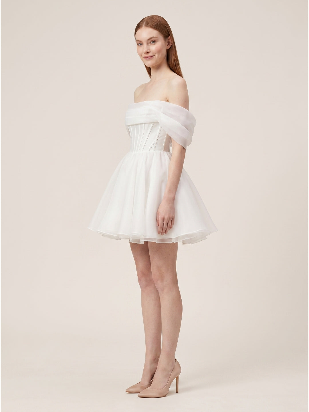 White Tulle A-Line Off-the-Shoulder Corset Back Mini wedding dress - Curvevia