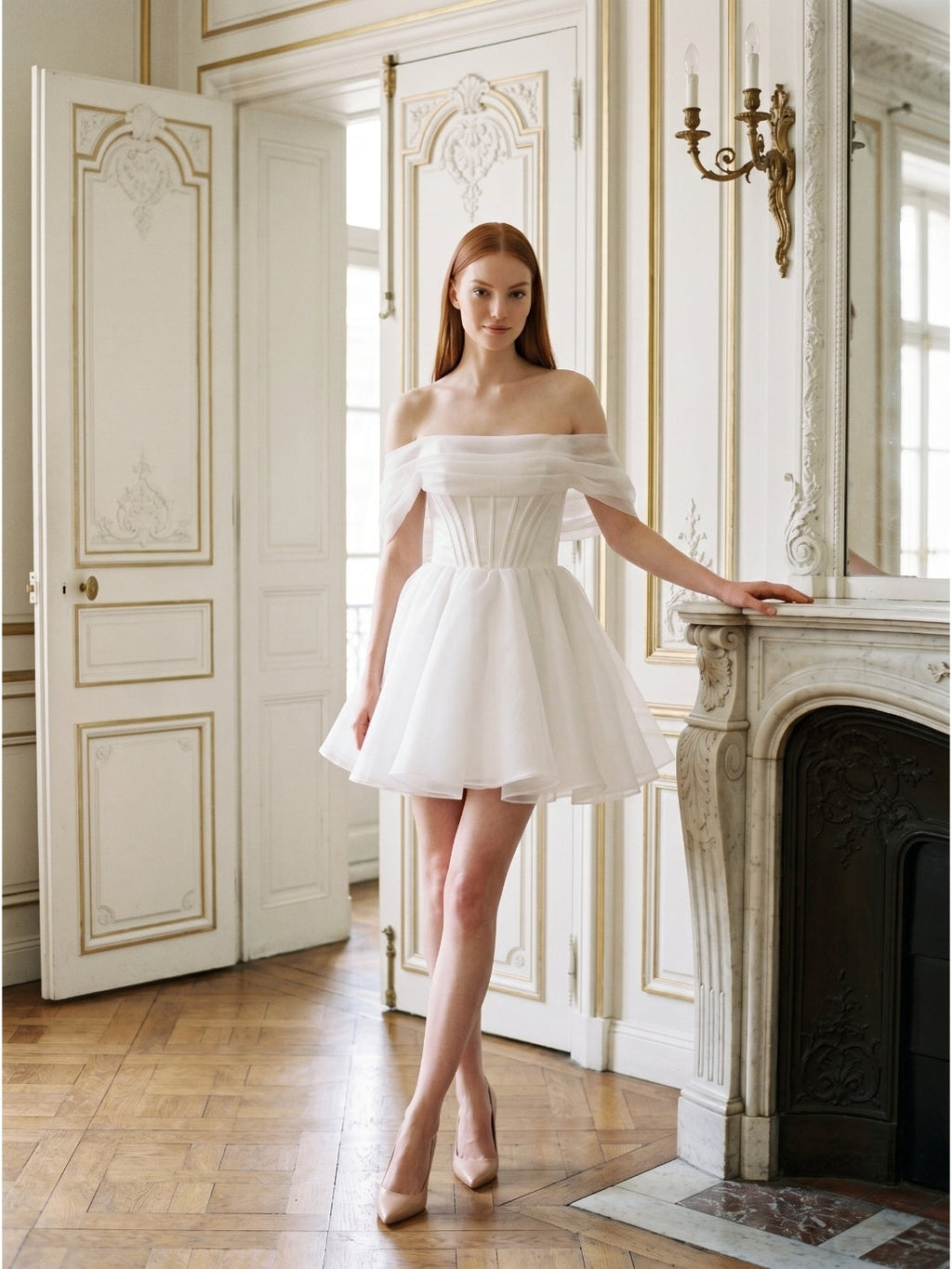 White Tulle A-Line Off-the-Shoulder Corset Back Mini wedding dress - Curvevia