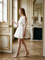 White Tulle A-Line Off-the-Shoulder Corset Back Mini wedding dress - Curvevia