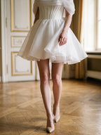 White Tulle A-Line Off-the-Shoulder Corset Back Mini wedding dress - Curvevia