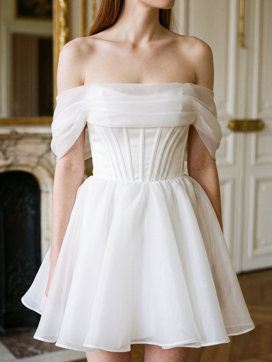 White Tulle A-Line Off-the-Shoulder Corset Back Mini wedding dress - Curvevia