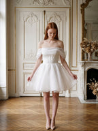 White Tulle A-Line Off-the-Shoulder Corset Back Mini wedding dress - Curvevia