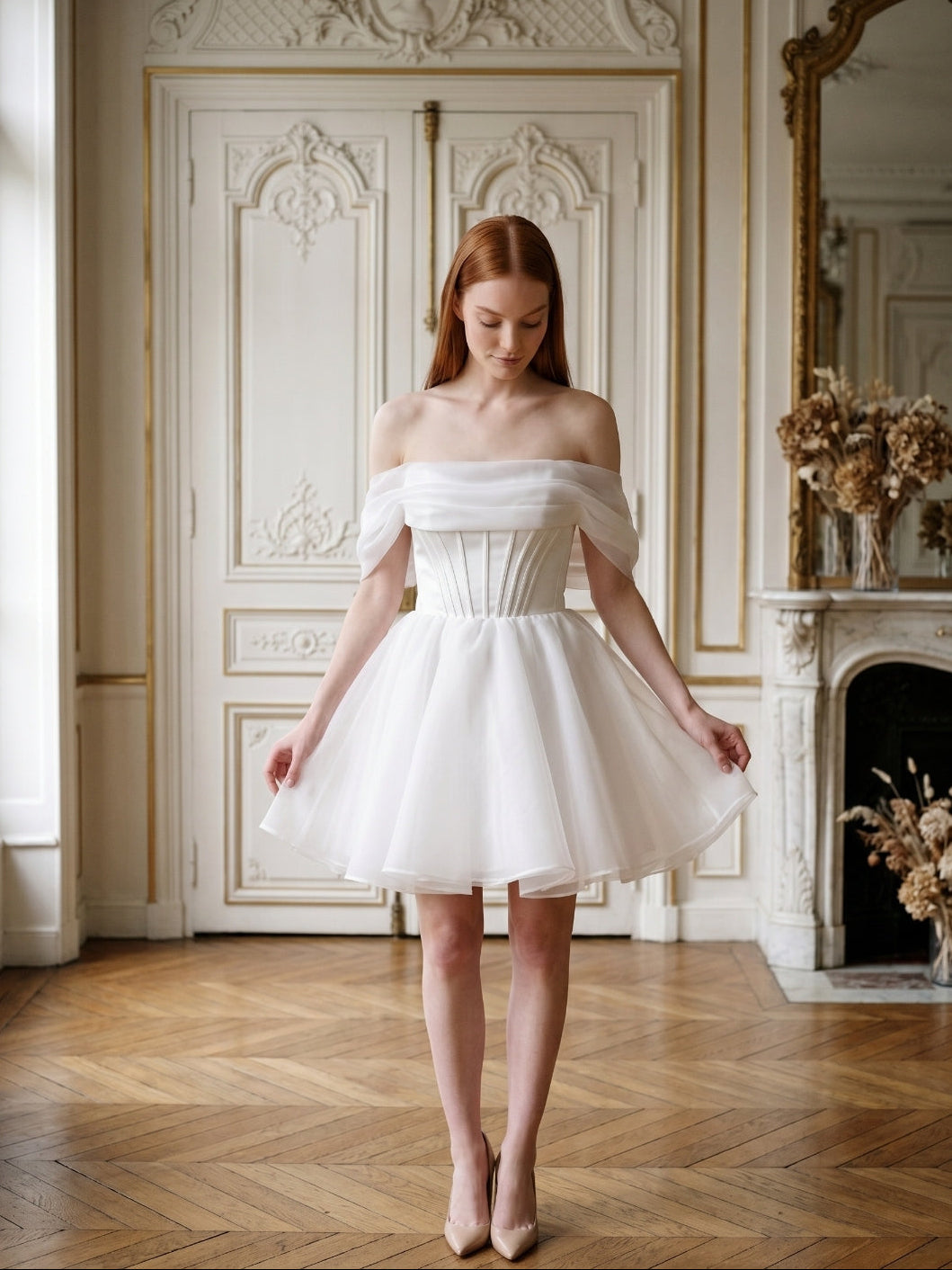 White Tulle A-Line Off-the-Shoulder Corset Back Mini wedding dress - Curvevia