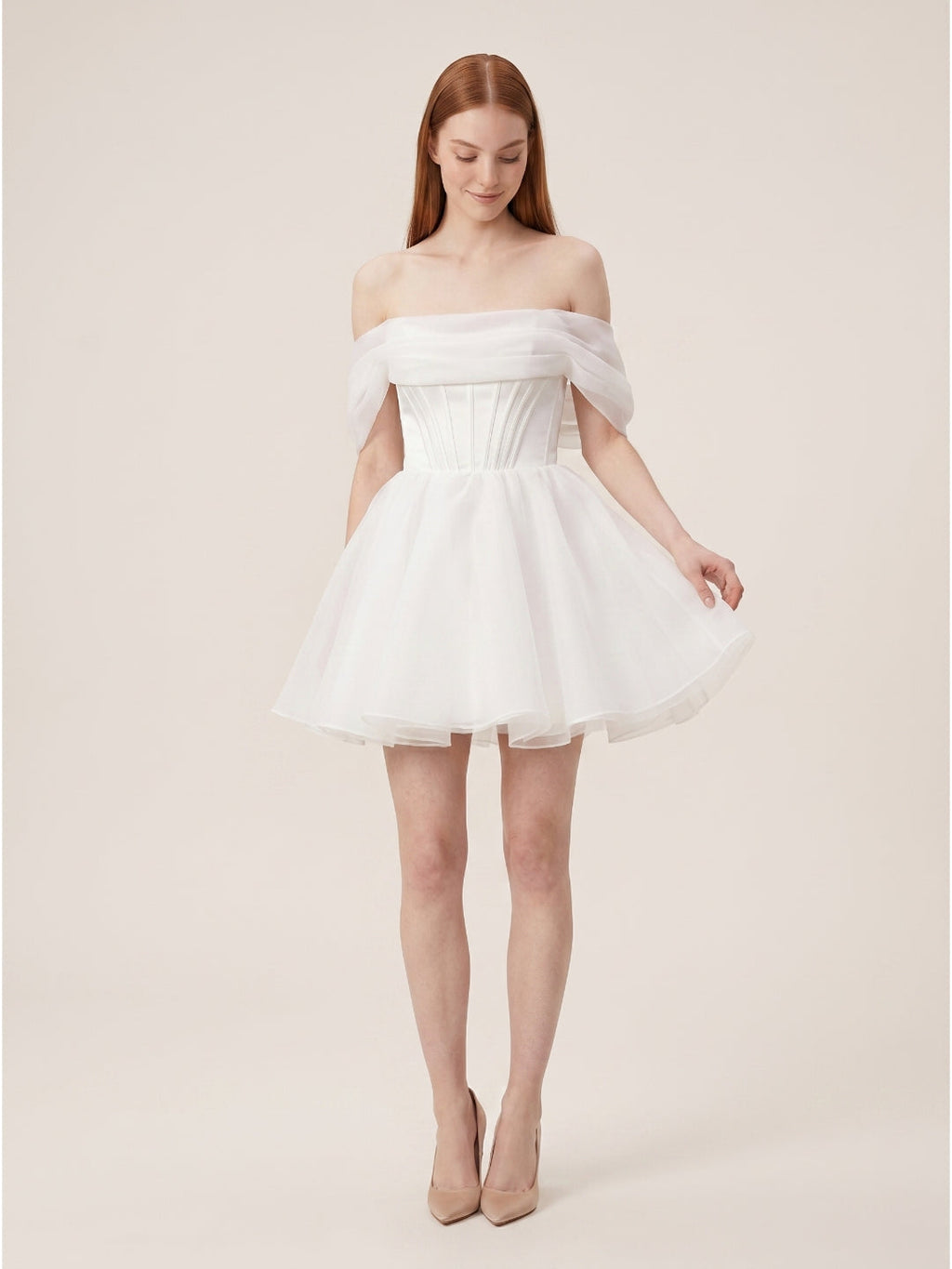 White Tulle A-Line Off-the-Shoulder Corset Back Mini wedding dress - Curvevia