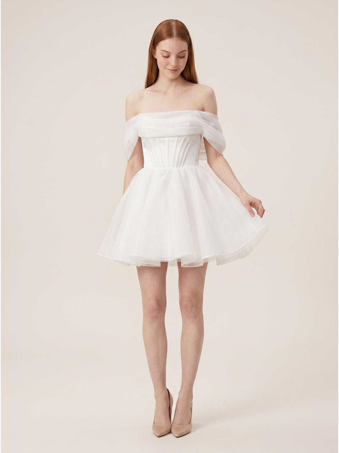 White Tulle A-Line Off-the-Shoulder Corset Back Mini wedding dress - Curvevia