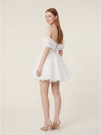 White Tulle A-Line Off-the-Shoulder Corset Back Mini wedding dress - Curvevia