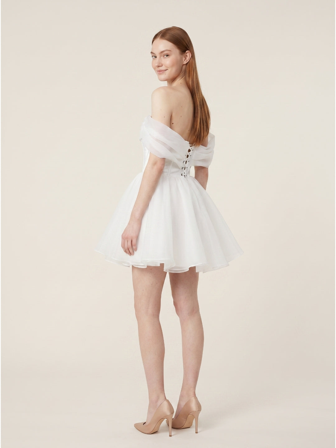 White Tulle A-Line Off-the-Shoulder Corset Back Mini wedding dress - Curvevia