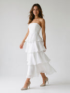 White Tulle A-Line Straight Neck Back Zip Ankle-Length Evening Dress with Cascading Ruffles - Curvevia