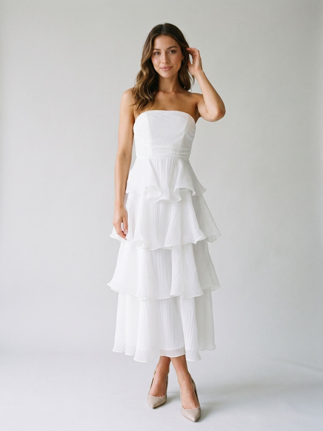 White Tulle A-Line Straight Neck Back Zip Ankle-Length Evening Dress with Cascading Ruffles - Curvevia