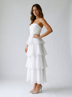White Tulle A-Line Straight Neck Back Zip Ankle-Length Evening Dress with Cascading Ruffles - Curvevia