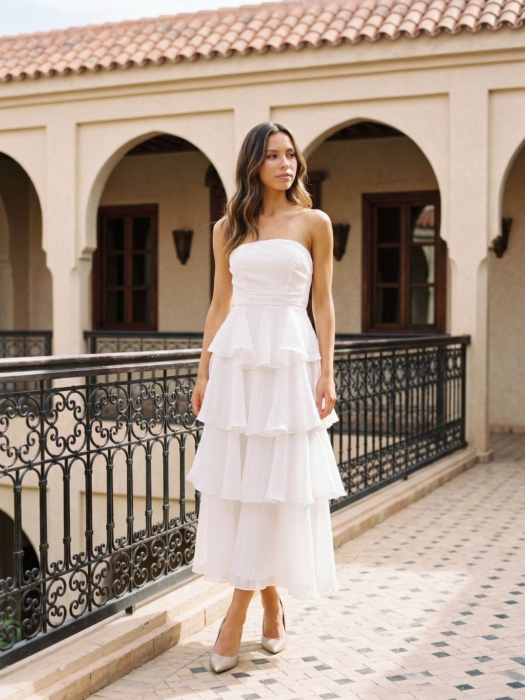 White Tulle A-Line Straight Neck Back Zip Ankle-Length Evening Dress with Cascading Ruffles - Curvevia