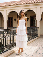 White Tulle A-Line Straight Neck Back Zip Ankle-Length Evening Dress with Cascading Ruffles - Curvevia