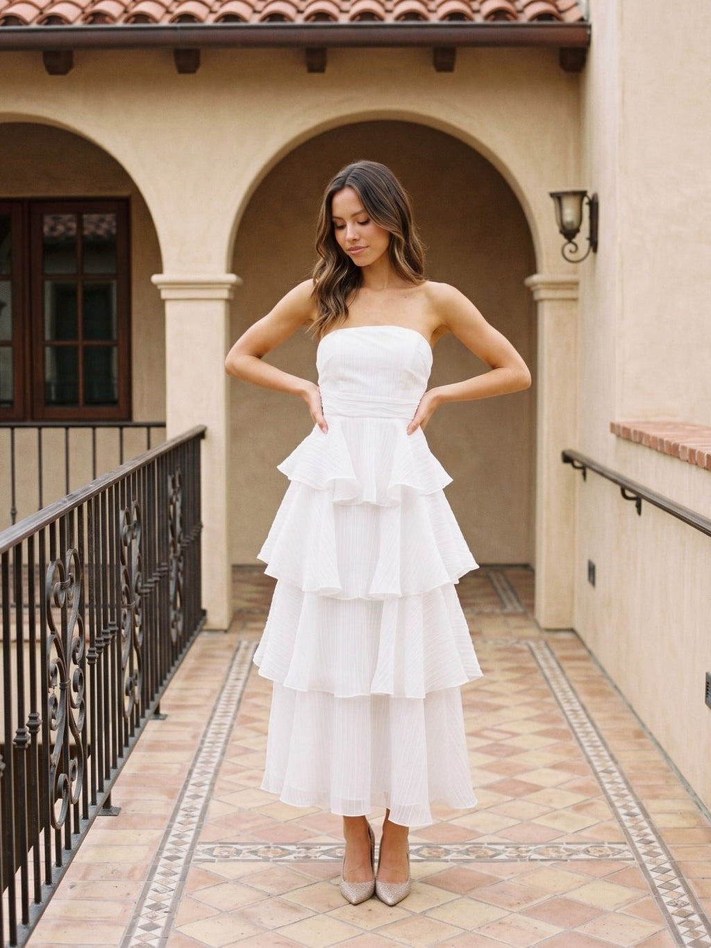 White Tulle A-Line Straight Neck Back Zip Ankle-Length Evening Dress with Cascading Ruffles - Curvevia