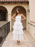 White Tulle A-Line Straight Neck Back Zip Ankle-Length Evening Dress with Cascading Ruffles - Curvevia
