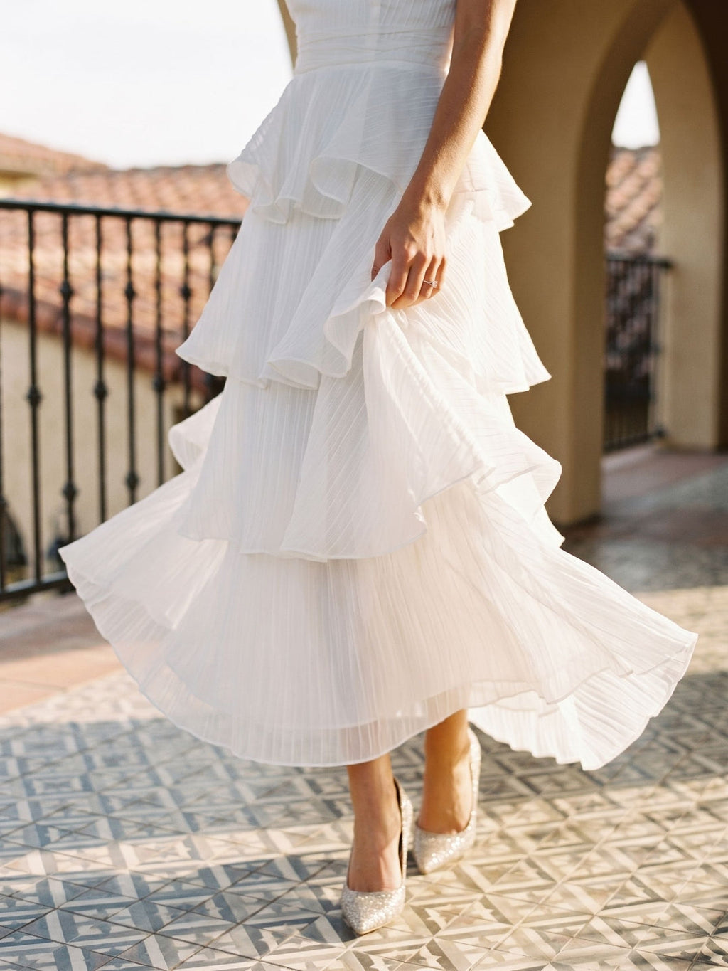 White Tulle A-Line Straight Neck Back Zip Ankle-Length Evening Dress with Cascading Ruffles - Curvevia