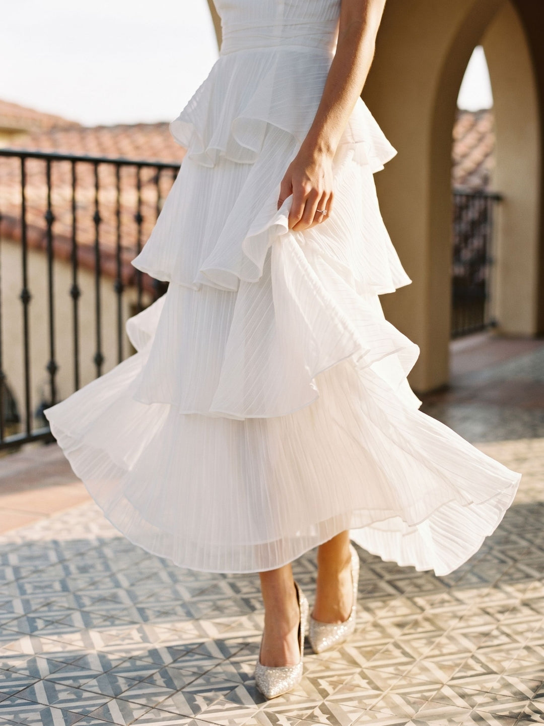 White Tulle A-Line Straight Neck Back Zip Ankle-Length Evening Dress with Cascading Ruffles - Curvevia
