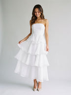 White Tulle A-Line Straight Neck Back Zip Ankle-Length Evening Dress with Cascading Ruffles - Curvevia