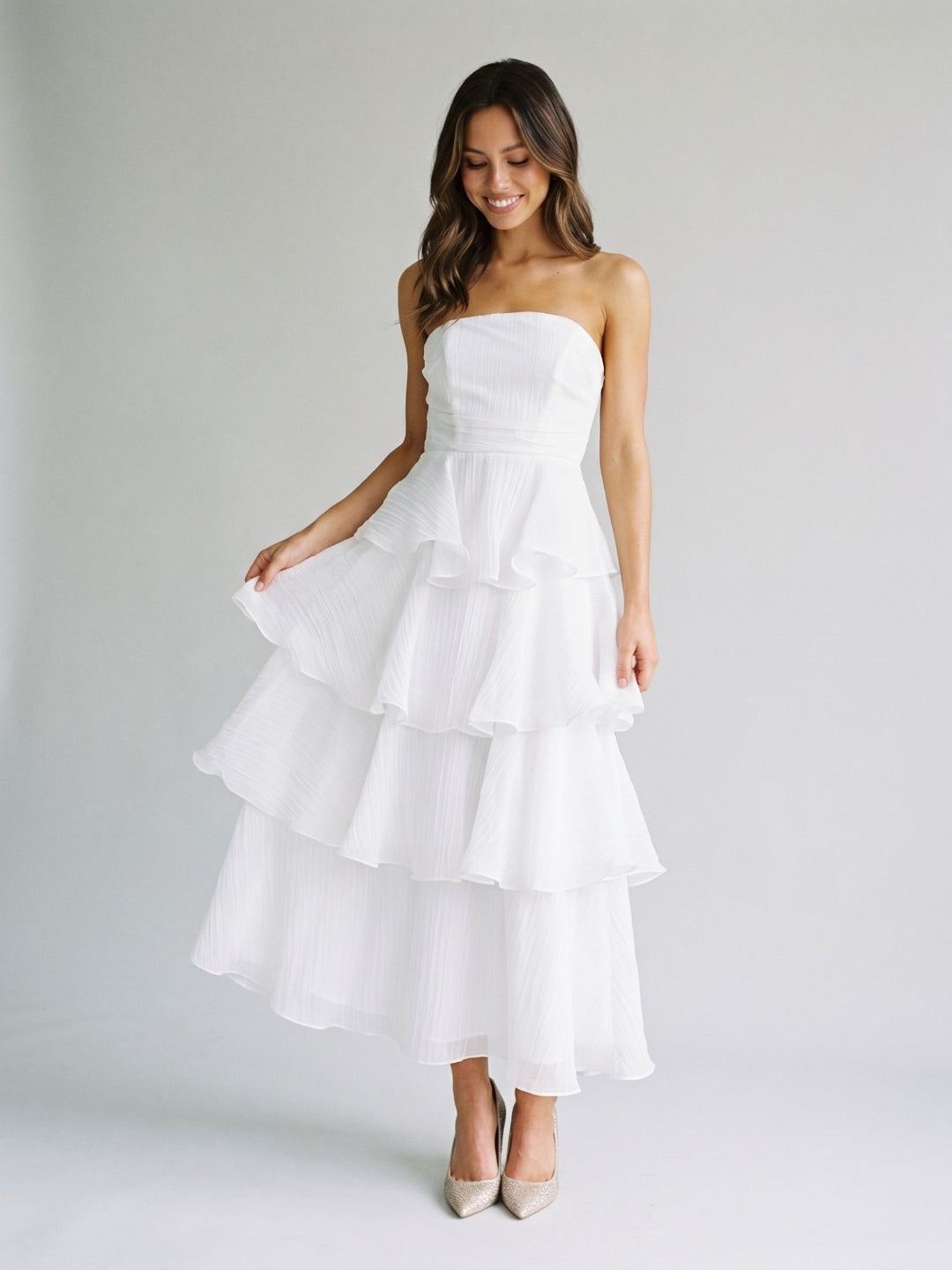 White Tulle A-Line Straight Neck Back Zip Ankle-Length Evening Dress with Cascading Ruffles - Curvevia