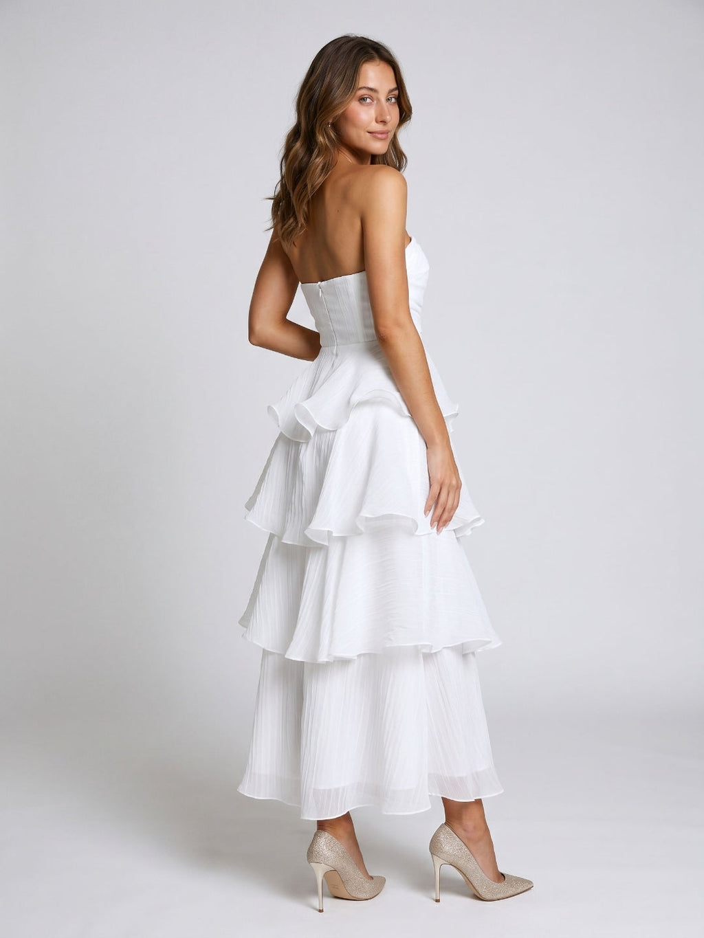 White Tulle A-Line Straight Neck Back Zip Ankle-Length Evening Dress with Cascading Ruffles - Curvevia