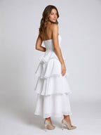White Tulle A-Line Straight Neck Back Zip Ankle-Length Evening Dress with Cascading Ruffles - Curvevia