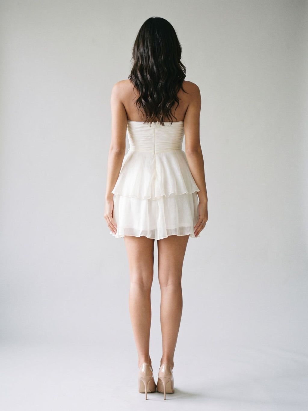 White Tulle A-Line Straight Neck Back Zip Short Dress with Cascading Ruffles - Curvevia