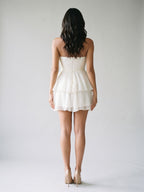 White Tulle A-Line Straight Neck Back Zip Short Dress with Cascading Ruffles - Curvevia