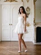 White Tulle A-Line Straight Neck Back Zip Short Dress with Cascading Ruffles - Curvevia