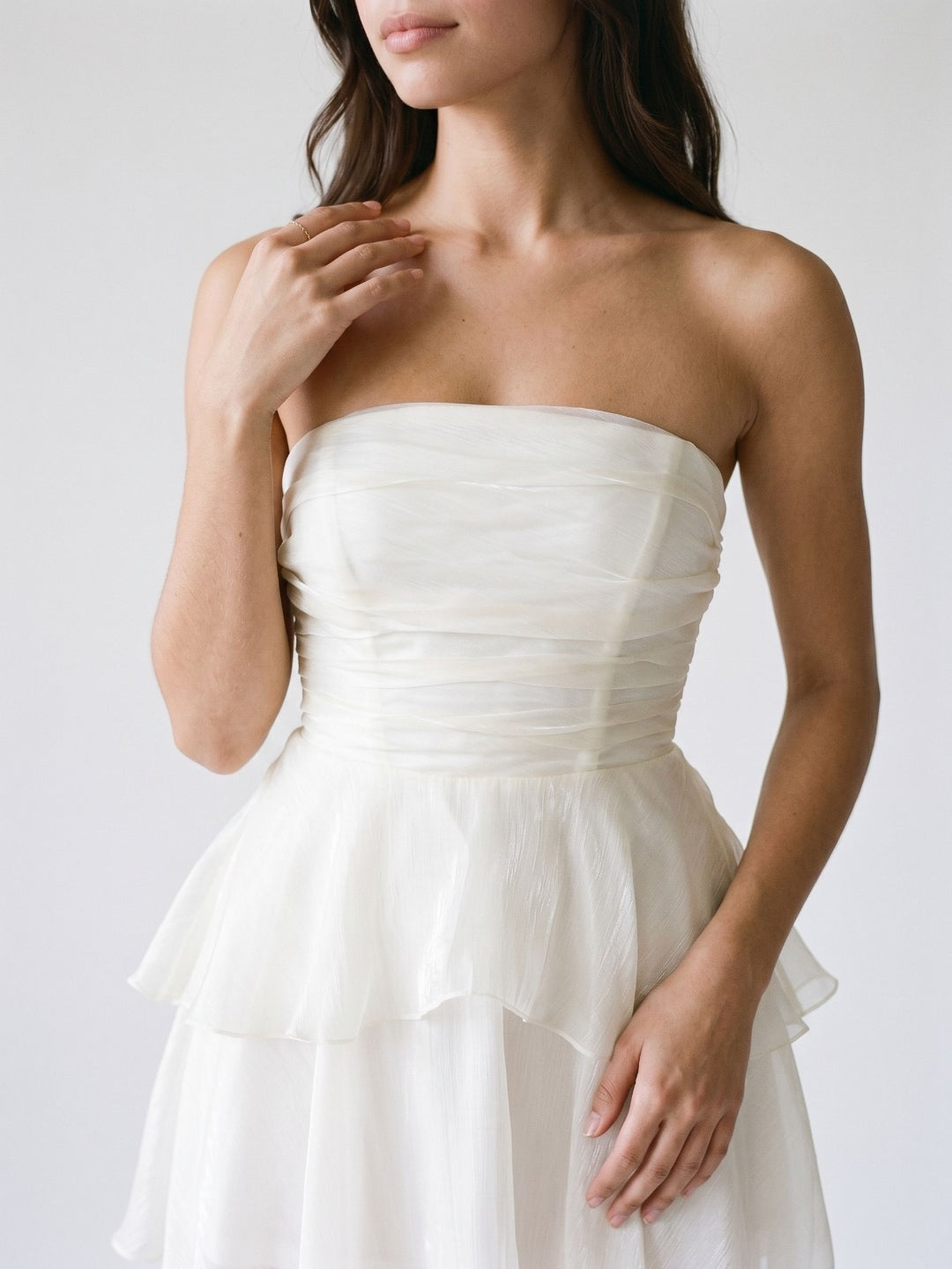 White Tulle A-Line Straight Neck Back Zip Short Dress with Cascading Ruffles - Curvevia