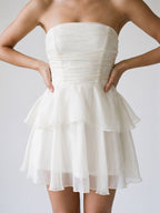 White Tulle A-Line Straight Neck Back Zip Short Dress with Cascading Ruffles - Curvevia
