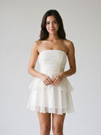 White Tulle A-Line Straight Neck Back Zip Short Dress with Cascading Ruffles - Curvevia